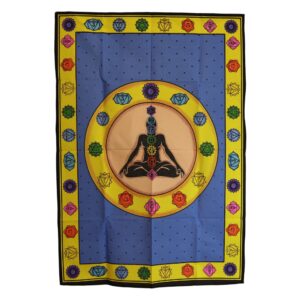 Colourful wall art depicting a seated figure aligned with seven chakras.