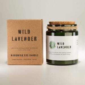 Greenman Woodwick Soy Candle in Wild Lavender with a natural wooden wick.
