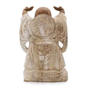 Whitewashed Happy Buddha statue with hands raised, perfect for home decor.