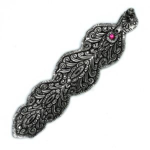 Polished aluminium Buddha long incense holder with feather design and Buddha figurine.
