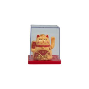 Mini solar powered money cat in soft yellow with red and gold accents.