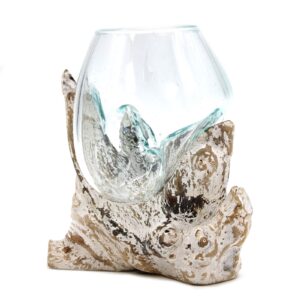 Medium bowl made of molten glass on a whitewash wooden base.