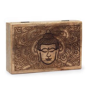 Black engraved Buddha face on a big rectangle box for home decor.