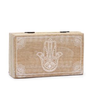 Whitewashed square box featuring a Hamsa design, perfect for storage or gifting.