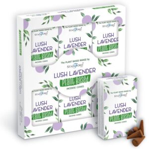 Lush Lavender plant-based incense cones in a decorative box.