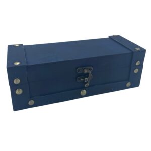 Teal long tea chest for storing and displaying tea varieties elegantly.