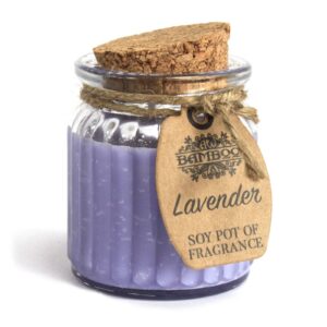 Lavender soy candle pot in a reusable glass jar with cork lid and twine label.