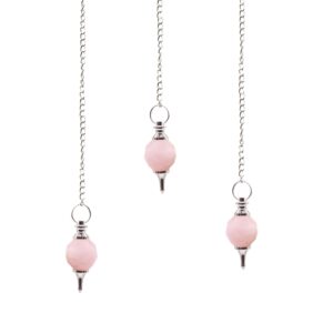 Faceted rose quartz pendulum with silver-tone fittings and a fine chain.