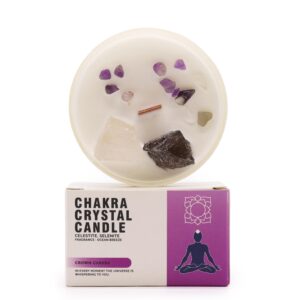 Candle for Crown Chakra with Celestite and Selenite crystals, Ocean Breeze scent.