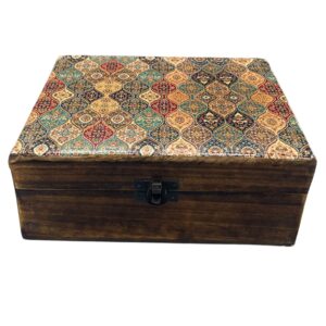 Large ceramic glazed wood box with traditional pattern design.