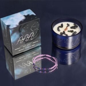 Zodiac Crystal Candle with Amethyst and Gemstone Bracelet for Aquarius