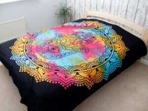Black Hamsa double cotton bedspread and wall hanging with intricate design.