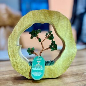 Handcrafted gemstone tree garden featuring green aventurine chipstones.