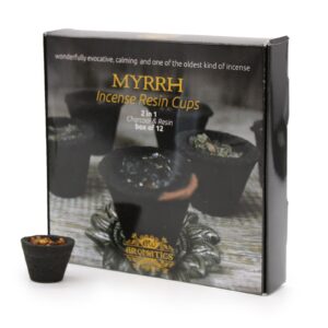 Box of 12 Myrrh Resin Cups for aromatic home fragrance and gifting.