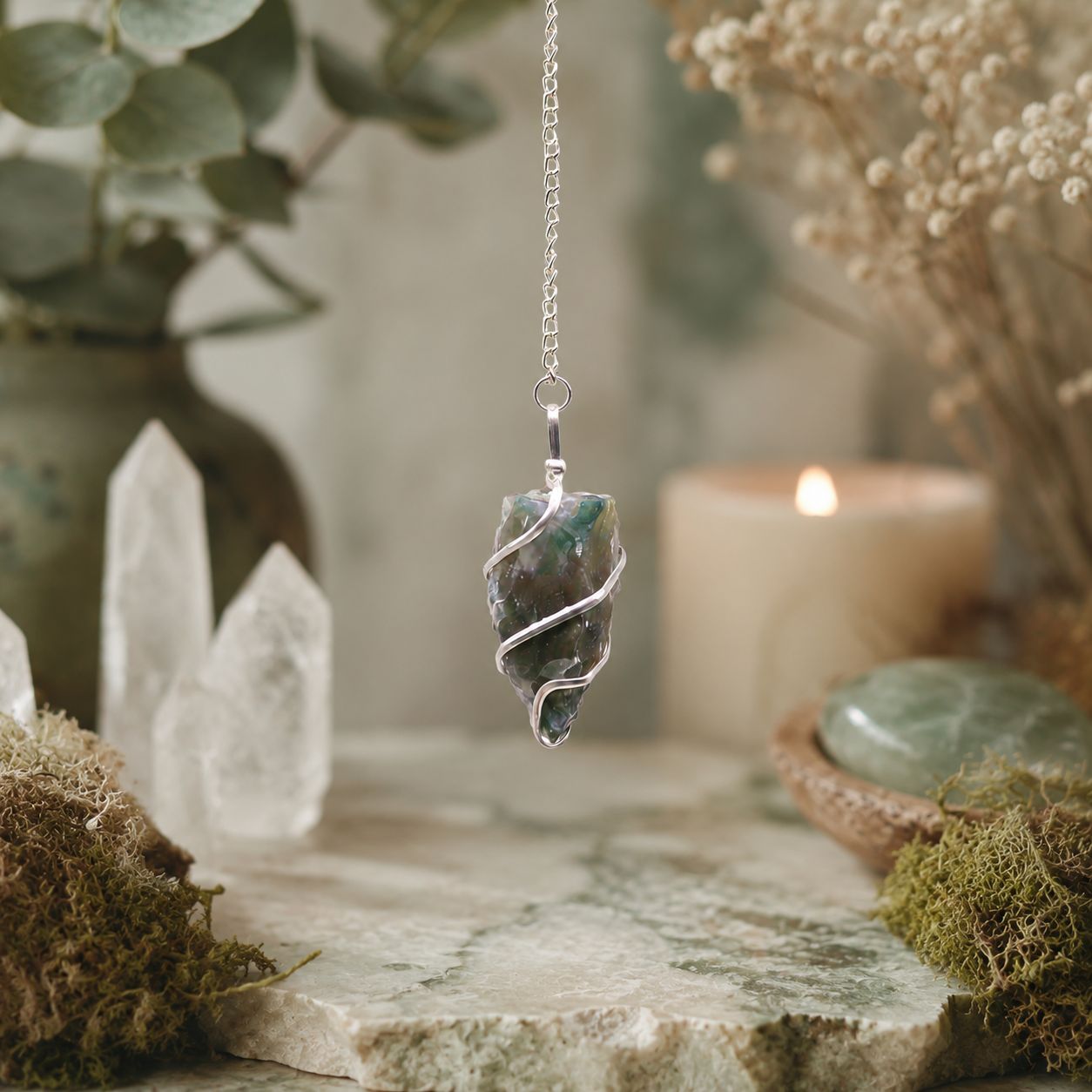 Raw moss agate pendulum with silver-tone spiral and fine chain.