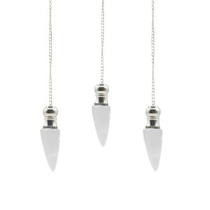 Clear quartz pendulum with silver-plated finish and hidden cavity detail