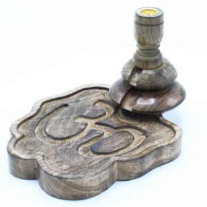 Elegant mango wood backflow burner featuring the Ohm symbol.