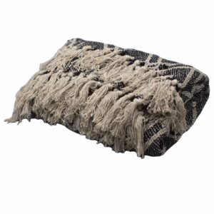 Elegant black and beige regency patterned cotton throw with tasselled edges.