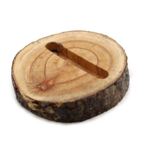 Natural wooden phone holder designed for hands-free use on desks or tables.