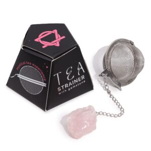 Raw crystal gemstone tea strainer featuring rose quartz for elegant tea infusion.