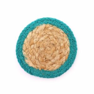 Set of four natural coasters with a teal border, made from jute and cotton.