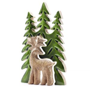 3D wooden stag decoration surrounded by stylised pine trees in green enamel.