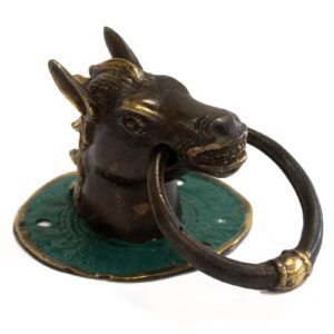 Brass door knocker shaped like a horse's head, perfect for home decor.