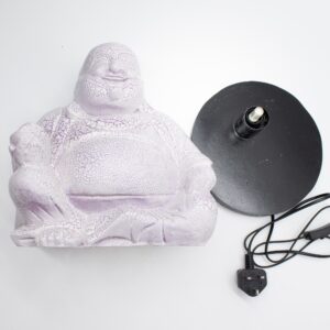 Lavender crackle Laughing Buddha lamp on a round stand, exuding a soothing glow.