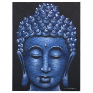 Elegant Buddha painting with blue brocade detail, handmade by Balinese artisans.