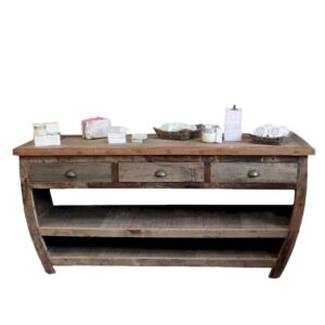 Handmade recycled wood table with three drawers and two shelves.