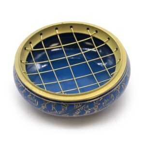 Handmade blue charcoal incense jar with golden patterns for rituals.