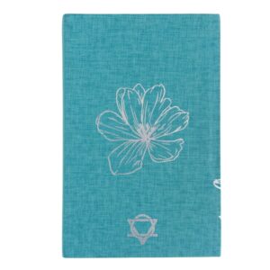 Elegant blue gratitude journal with silver floral detailing and eye symbol.