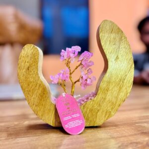 Handcrafted Rose Quartz Gemstone Tree in a Mango Wood Open Ring