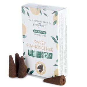 Backflow incense cones with a sweet frankincense scent for calming spaces.