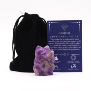 Amethyst gemstone lucky cat figurine for spiritual decor and gifting.
