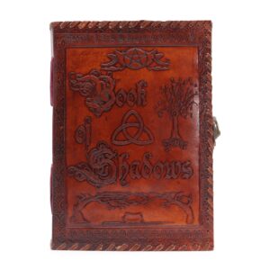 Large Book of Shadows in dark tan with decorative edges and 200 pages.