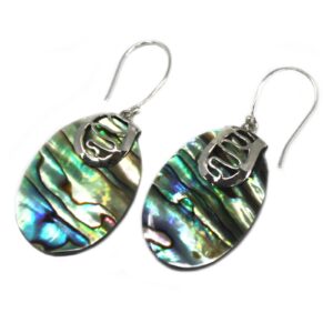Handmade abalone shell and silver earrings with a unique design.