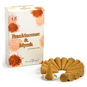 Pack of Stamford Premium Incense Cones with a metal holder for home fragrance.
