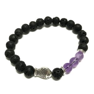 Lava stone bracelet featuring fish amethyst gemstones, perfect for aromatherapy.