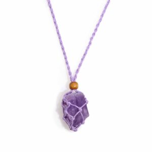 Adjustable purple necklace cord with macrame netting and wooden bead.