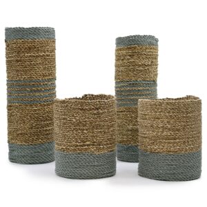 Set of two vases and two bins made from seagrass and raffia.
