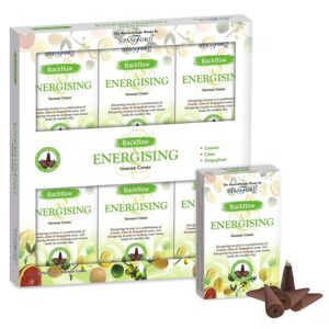 Energising aromatherapy backflow cones with cascading smoke effect.