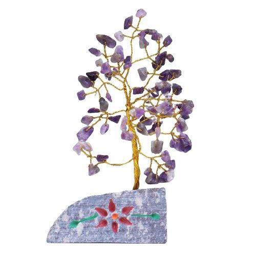 Handmade amethyst gemstone tree mounted on a rock base.