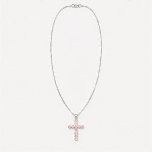 Silver plated crucifix pendant with rose quartz stones on a 45cm chain.