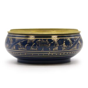 Handmade dark blue charcoal incense jar with golden patterns.