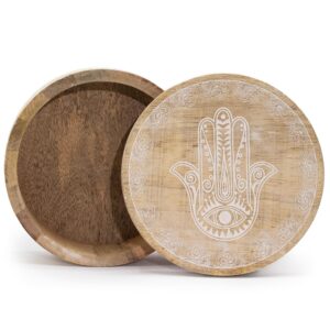 Whitewashed big round box featuring a Hamsa design, perfect for storage.