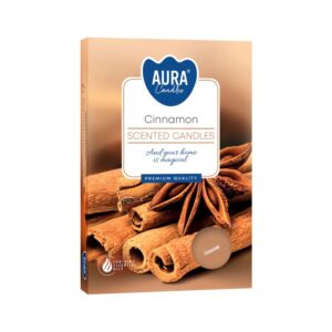 Set of 6 cinnamon-scented tealights in decorative packaging.