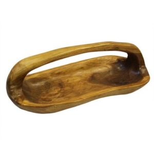 Hand-carved teak root bowl with handle, showcasing unique natural design.