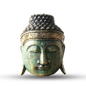 Handcrafted Buddha head sculpture with a green shine finish, perfect for home decor.