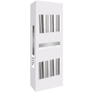 Elegant silver metallic taper candle for a calming atmosphere.